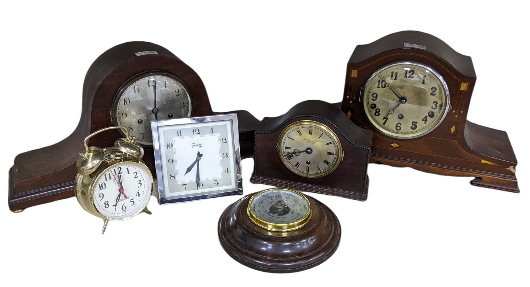 Barometer and spring driven mantle clock, oak striking mantle clock