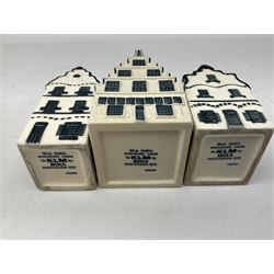 Seven KLM Miniatures, each blue Delft house form miniature produced exclusively for KLM Airlines by Bols Amsterdam 1575 comprising 30, 72, 85, 1, 3, 80 and 29