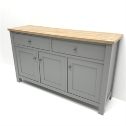 Next Malvern grey and oak sideboard, two drawers above three cupboards, stile supports, W138cm, H81cm, D40cm