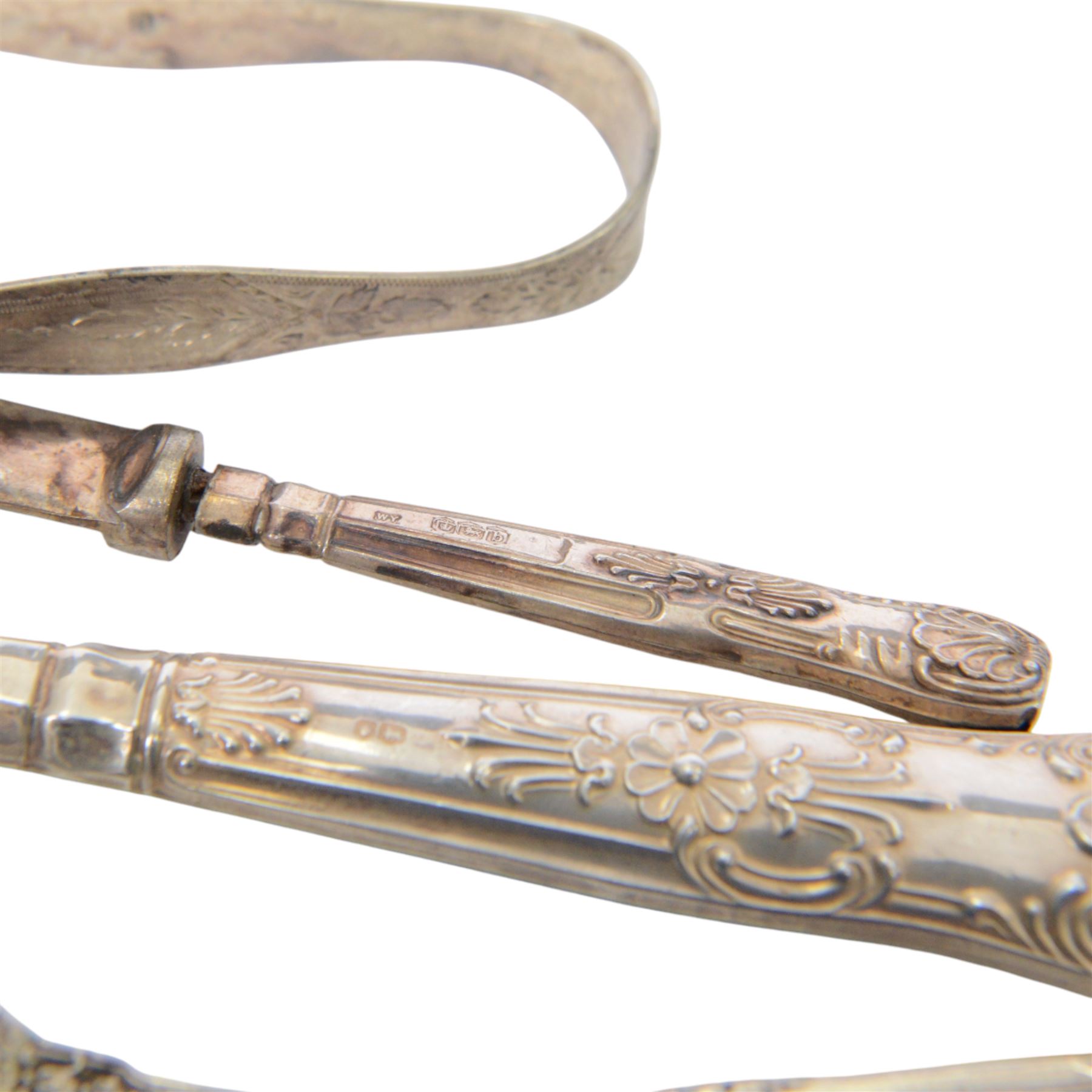 Group of silver, including sugar tongs, christening set, egg  cup, salt, strainer, silver mounted cutlery and Continental silver, together with silver plated items and other metalware 