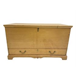 Victorian pine blanket box or mule chest, fitted with hinged lid and single drawer, on bracket feet with shaped apron
