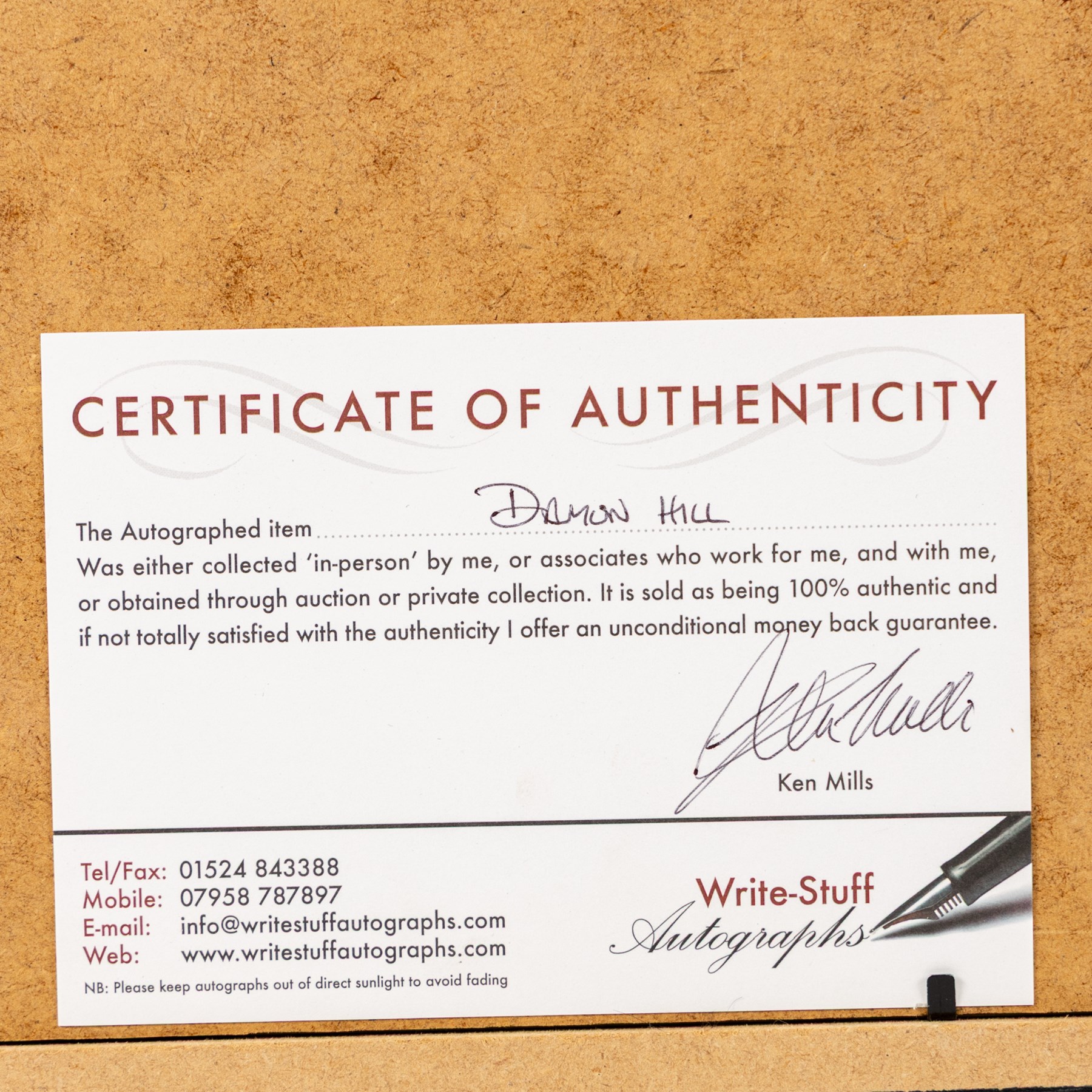 Ten signed Formula 1 photographs, comprising eight Damon Hill examples, Jenson Button and a Nigel Mansell example, nine with certificates of authenticity from Write Stuff Autographs, all framed, largest H47cm, W67cm