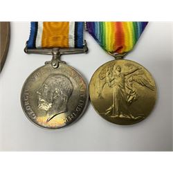 WWI pair of medals comprising British War Medal and Victory Medal awarded to G/62196 Pte. H. Ferguson R. Fus. with ribbons on wearing bar; together with bronze memorial plaque to Henry Ferguson (3)