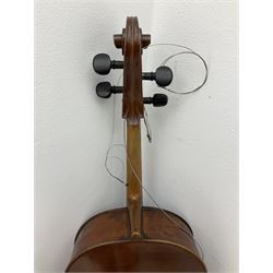 German Saxony three-quarter size cello for restoration, c1920, with 69cm two-piece maple back and ribs and two-piece spruce top, L111cm overall; with bow and canvas carrying case