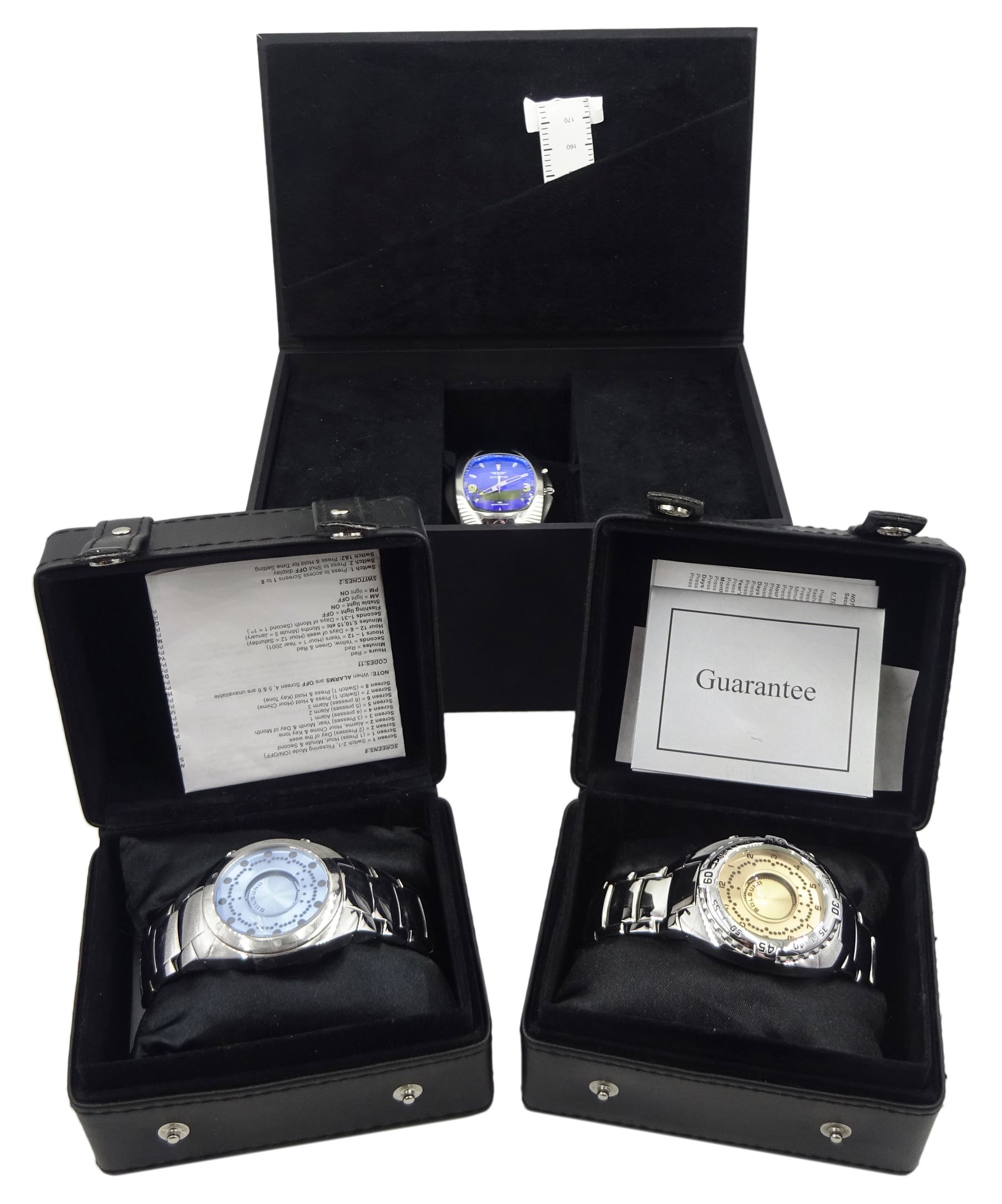 Navigator Zeon Tech 100m rechargeable system stainless steel bracelet wristwatch, No. NIL3617 and two Solsuno Zeon Tech stainless steel bracelet wristwatches (3)