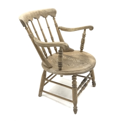  19th century beech and elm spindle back elm armchair, rounded seat, turned supports joined by double stretchers, W57cm  