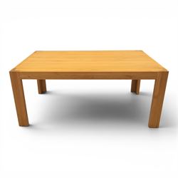 Modern solid oak dining table with set six chairs, chairs with brown leatherette seat