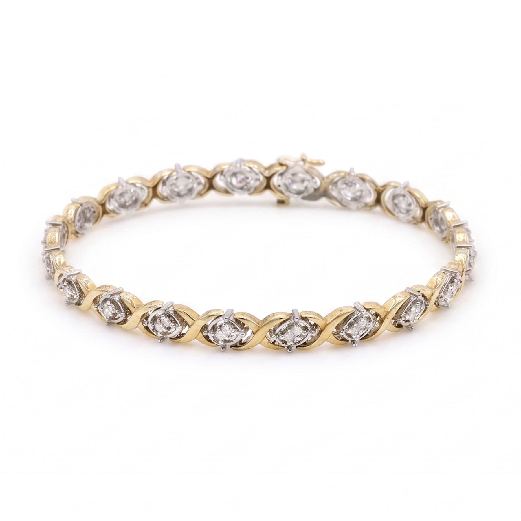 14ct white and yellow gold diamond fancy link bracelet, set with thirty-eight round brilliant cut diamonds, stamped, total diamond weight approx 1.15 carat