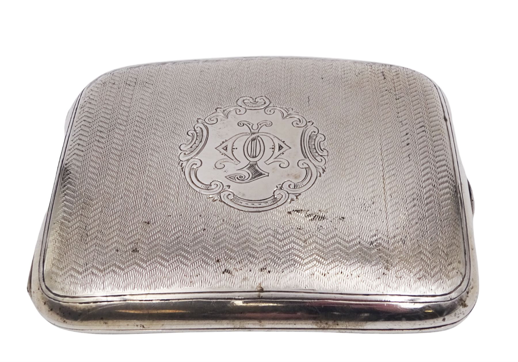 Edwardian silver cigarette case, of rectangular form with engine turned decoration throughout and engraved cartouche to front cover, hallmarked Colen Hewer Cheshire, Chester 1906, H8.6cm