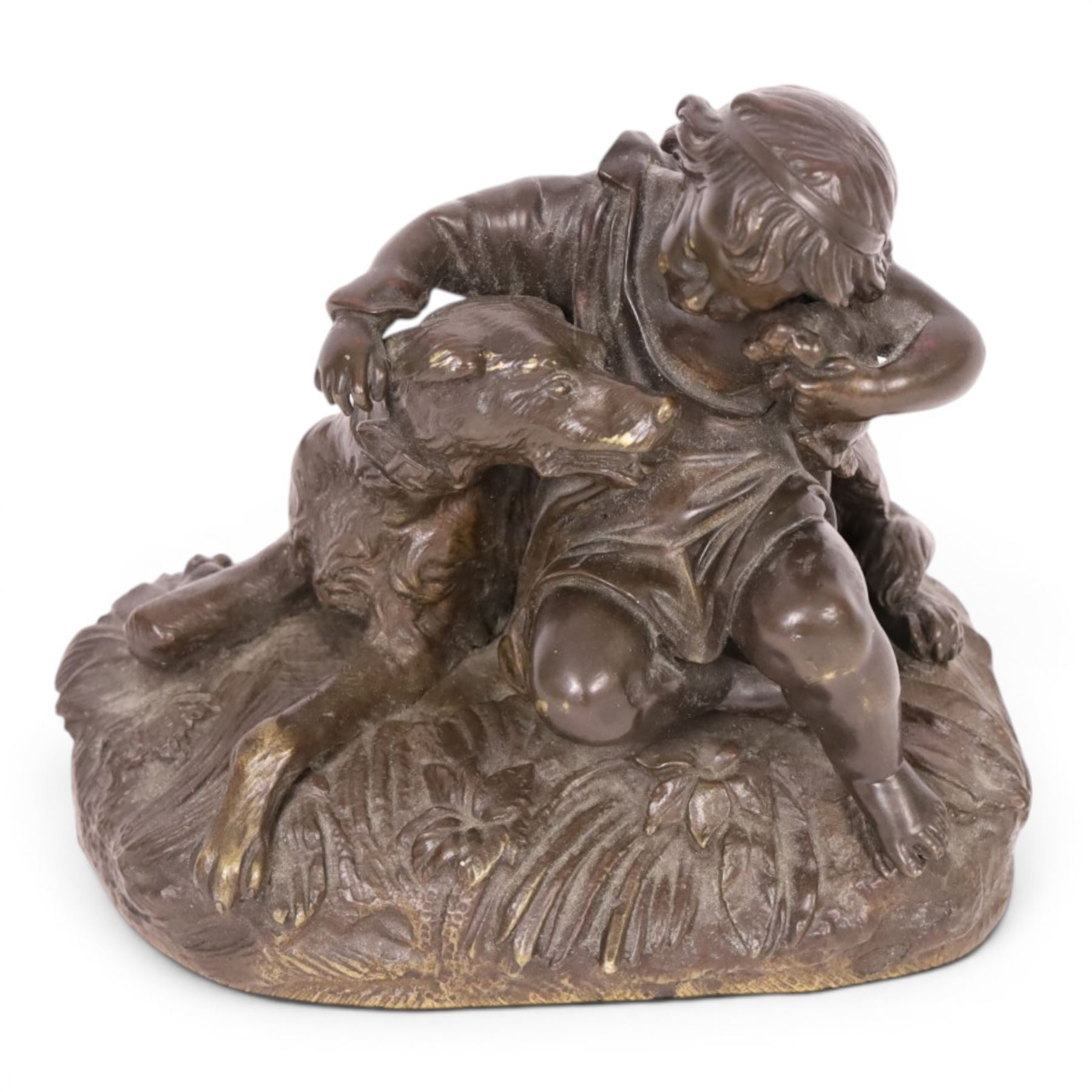 After Auguste Joseph Peiffer, bronzed figure group, Boy with his dog and puppy, H15cm