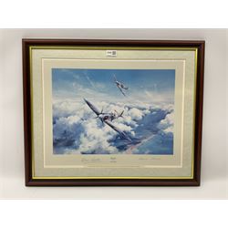 After Robert Taylor, colour print entitled 'Spitfires', dated 1979, depicting two Spitfires high above the clouds over the Southern English coast, signed on the mount by Sir Douglas Bader and Allied Ace Johnnie Johnson 41 x 54cm, mahogany stained frame