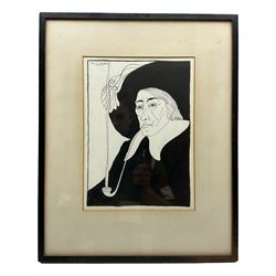 John L Hughes (British exh.1922-1927): 'The Puritan', early 20th century pen and ink drawing signed and dated 1923, titled verso with artist's address 31cm x 22cm
The word 'MENU' is faintly visible in the gentleman's jacket but has been overpainted, and as such this illustration was likely used for the cover of a menu.