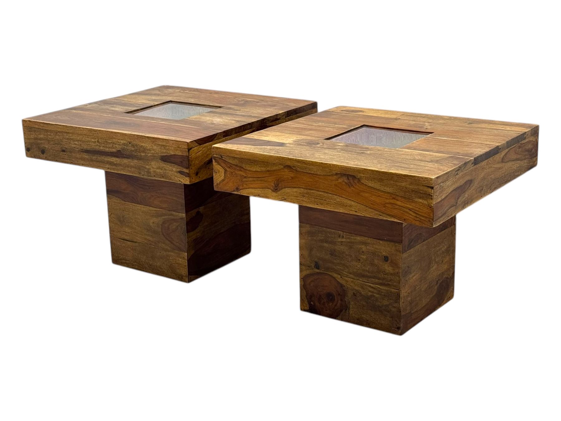Pair of contemporary hardwood occasional tables, square tops with central recessed acrylic panels, on block pedestal bases