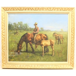 Allan (British 20th century): Horses and Riders Grazing in the Field, oil on canvas signed 52cm x 65cm