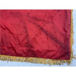 1960s North Vietnam banner embroidered in yellow thread on a red ground, roughly translates as 'Peoples Army of Viet Nam. Warriors of Viet Nam Determined To Keep The Country 1964' around a central military crest with the motto 'Warriors Keep The Country'; tassels to three sides 70 x 100cm