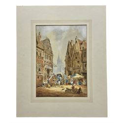 Early 20th century Continental School - watercolour of a Munich street scene entitled verso 'Markttag direkt an der Marienplatz', further manuscript inscription verso 'Eine ruhige Eike des alten Münchens'; signed lower left with initials A.H.; unframed in later mount 28.5 x 20cm. Auctioneer's Note: This painting bears similarities to the work of the young Adolf Hitler during his fifteen month stay in Munich before WWI. Various views of the Marienplatz were painted by Adolf Hitler during this period all signed with his initials and of a similar size and palette. Sold with photocopies of comparable paintings.