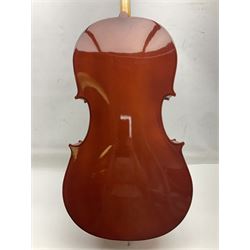 Gear4Music three-quarter sized cello with 70cm one-piece back and spruce top; bears maker's label; L112cm overall; in soft carrying case with Erich Steiner bow
