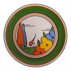 Collection of eight Wedgewood Clarice Cliff plates, comprising Red Roofs, House and Bridge, Orange Roof Cottage, Orange House, Fantasque Mountain, Blue Lucerne, Farmhouse, Poplar, D20cm 