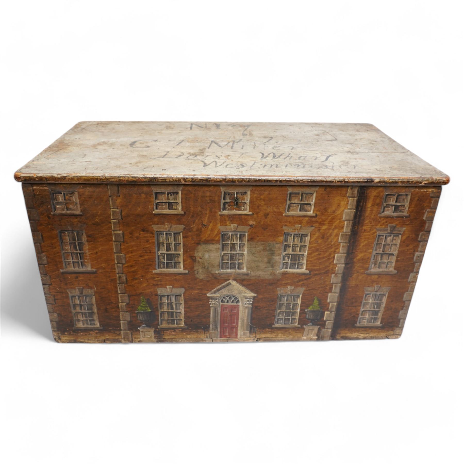 Antique pine box, painted with the frontage of a regency townhouse, inscribed 'N17, G T Miller, Dorset Wharf, Westminster' to cover, lacking key 