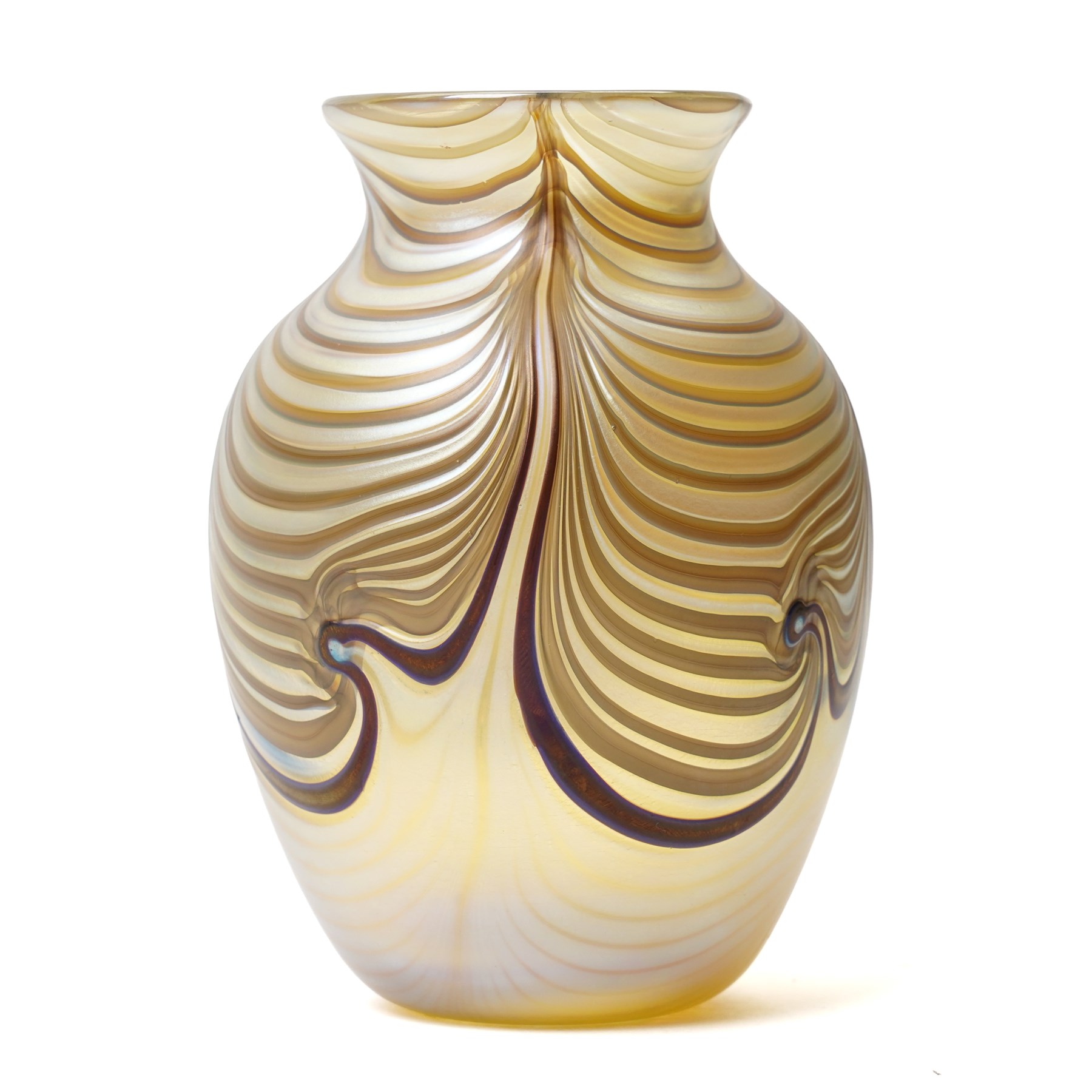 Okra art glass vase, by Richard P Golding, iridescent gold with stylised wave design, inscribed on base 'Okra 94 AG.7 No.1 R.P. Golding' H12.5cm