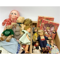 Two Duchess Doll Corporation Walt Disney dolls - Alice in Wonderland and Cinderella, both boxed; Merrythought pink plush nightdress case as a baby with inset glass eyes; Torino baby doll in high chair; and quantity of National Costume dolls, teddy bears, dolls clothing etc