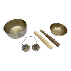 Two Himalayan singing bowls, to include a high wall example, together with Tibetan Tingsha cymbals and two wood hammers, largest bowl D18cm