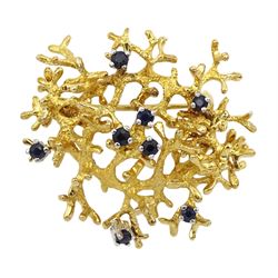 9ct gold abstract design brooch set with sapphires, stamped 9.375