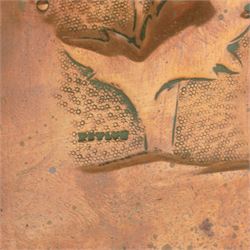 Newlyn Arts and Crafts copper square section vase with flowers and strapwork decoration H21cm and a Newlyn beaten copper circular tray with raised rim and centre panel of a yacht D28cm, both stamped 'Newlyn' (2)