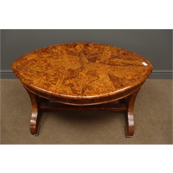  Thuya wood oval coffee table, parquetry segmented top, stretcher base, L102cm, D63cm, H59cm  