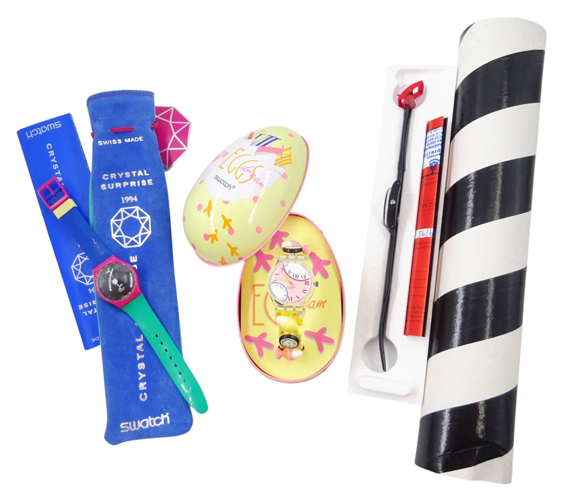 Swatch twelve quartz wristwatches including Eggs Dream, Crystal Surprise, Point of View, Pop and watching breakfast, three cased and a Swatch catalogue