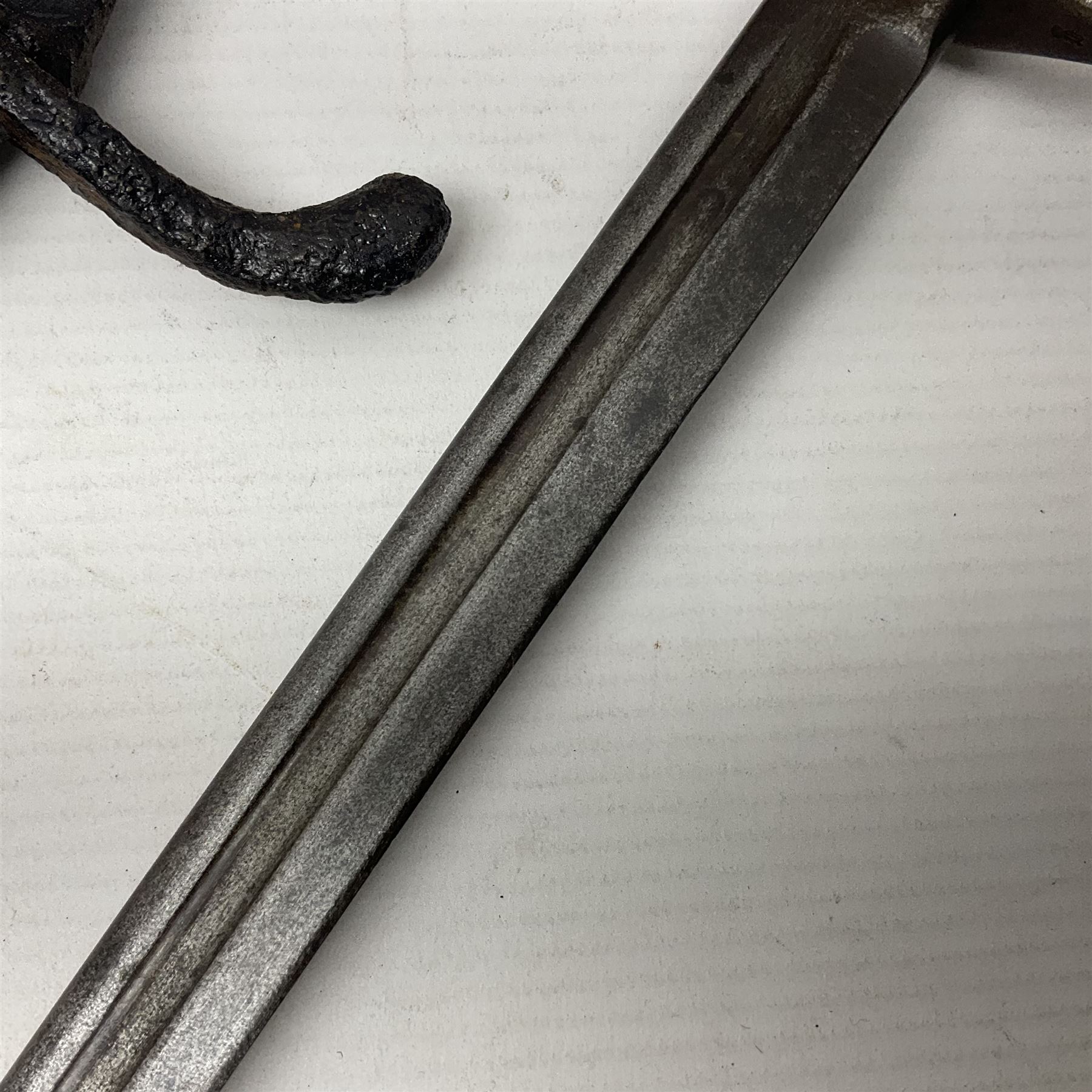 WWI Prussian S98 bayonet with 52cm fullered steel blade dated 1906 to pipeback and marked Solingen to ricasso, regimentally stamped to cross guard 56.R.11.2. for 56 Infanterie Regiment, 11 Kompanie, Waffe 2, L65cm overall; and another in battlefield relic condition (2)