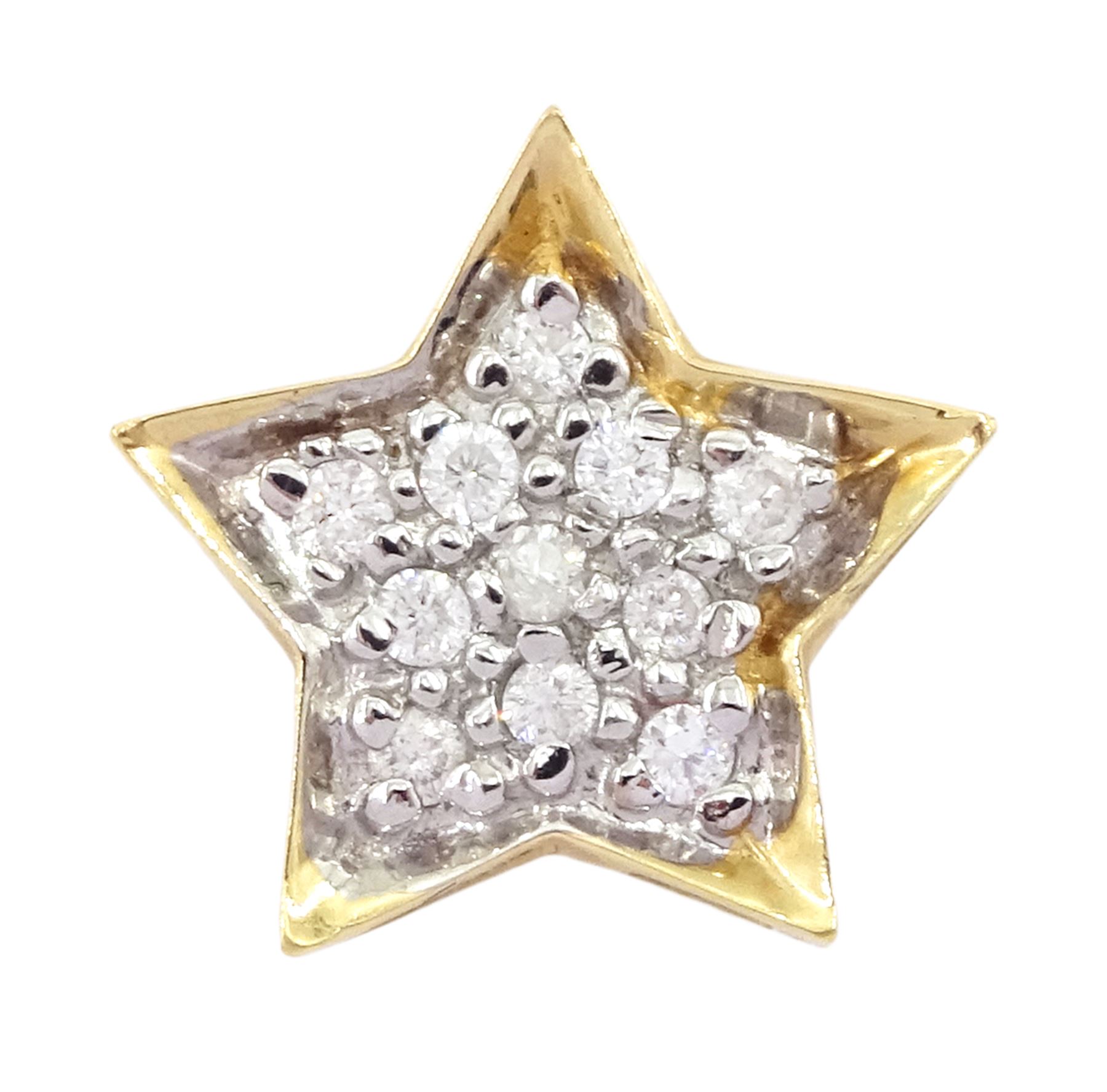 14ct gold star pendant, pave set with eleven round cut diamonds, stamped