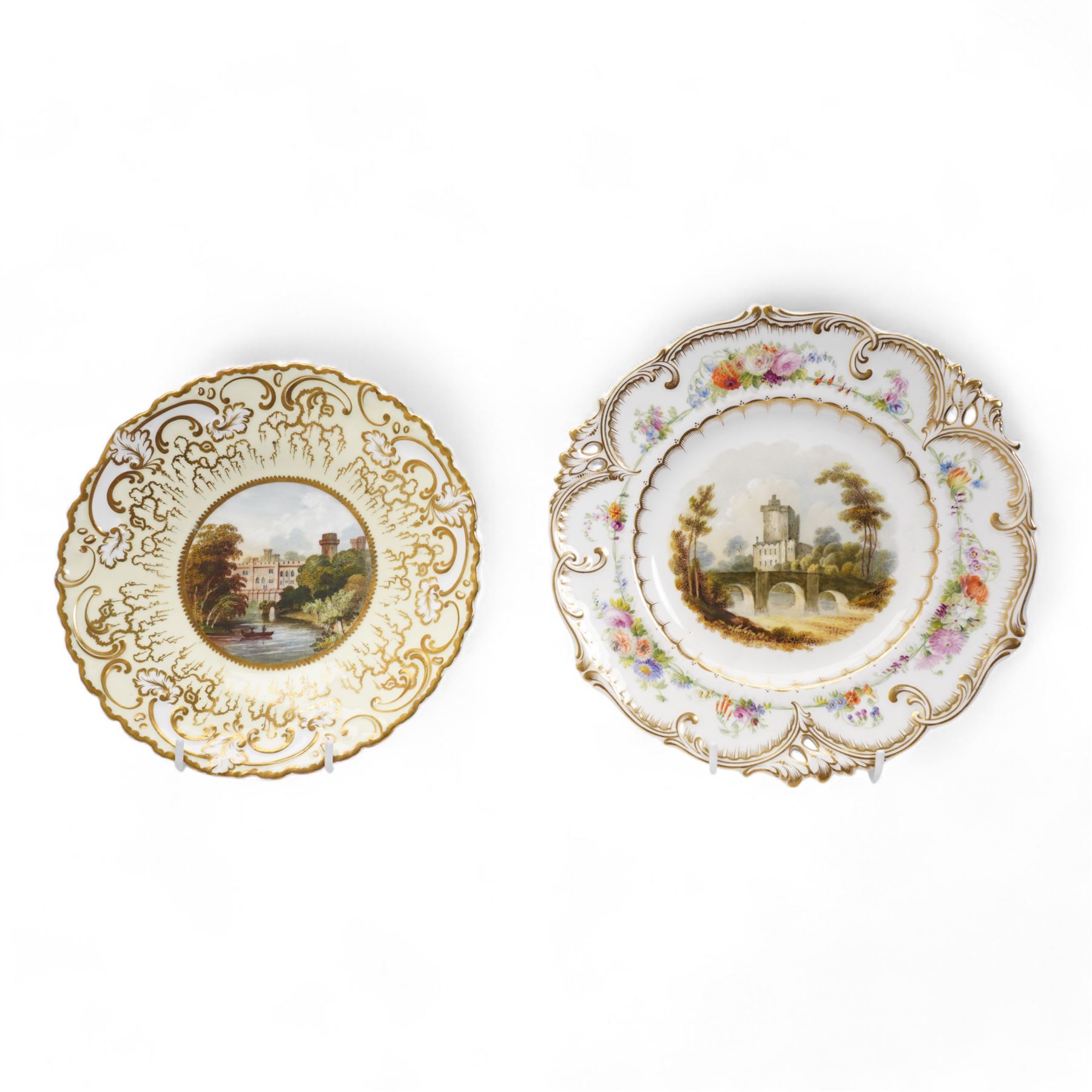 H&R Daniel Queen's shape porcelain plate, centrally painted with Blarney Castle, within a polychrome floral painted border, titled beneath, D25cm and another plate painted with a view of Warwick Castle (2)