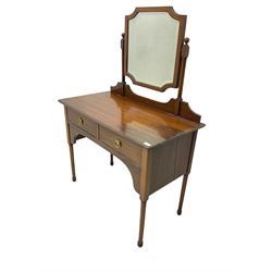 Late 19th century mahogany dressing table, raised swing mirror with curved canted corners on turned horns, moulded rectangular top over two drawers, on turned supports