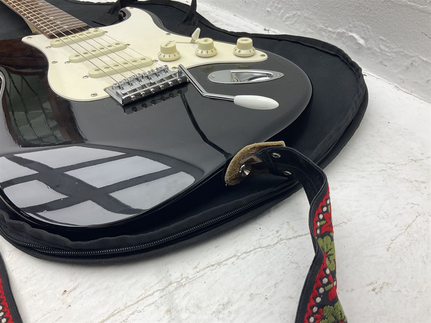 Fender Squier Strat Affinity six-string electric guitar with 20th anniversary plaque verso, serial no.CY20815325 L99cm; in soft carrying case