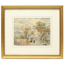 Manner of Myles Birket Foster (British 1825-1899): Children Playing in Stream by a Cottage, watercolour faintly signed 17cm x 23cm