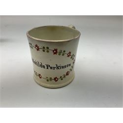  Early Victorian marriage mug for Thomas and Caroline Parkinson dated 11th Sept. 1845 Hull H8cm, similar christening mug for their daughter Hannah Matilda, blue/white transfer printed pot lid with base for Francis Earle, Pharmaceutical Chemist, 22 Market Place, Hull with central study of Holy Trinity Church and clay pipe, the bowl as man's head (4)  