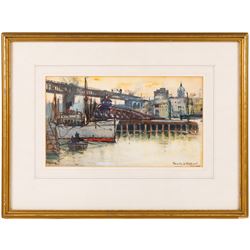 Frank Henry Mason (Staithes Group 1875-1965): 'Newcastle-on-Tyne - The Two Bridges', watercolour signed 15cm x 26.5cm 
Notes: later reproduced as a postcard by J J Longhurst, sold together with a framed example.