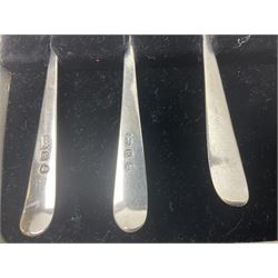 Set of six 1920's silver coffee spoons, hallmarked Sheffield, contained within a fitted case, together with a set of five George III bright cut engraved teaspoons, also cased, approximate total silver weight 77 grams