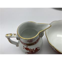 Herend Chinese Bouquet Rose pattern tea service comprising teapot, coffee pot, open sucrier, six cups and saucers, six tea plates, cream jug and stand, milk jug, two teabag holders, preserve pot, two leaf shaped dishes, four egg cups, salt & pepper pots, pair side plates and another plate