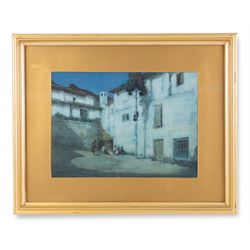 Albert Moulton Foweraker (British 1873-1942): Moonlit Spanish Courtyard with Figures beside a Fire, watercolour signed 25cm x 35cm