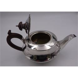 1930's silver bachelors teapot, of squat baluster form with girdle, and brown Bakelite handle and finial, upon circular stepped foot, hallmarked Birmingham 1936, maker's mark worn and indistinct, H 11.7cm, approximate total weight 9.37 ozt (291.2 grams)