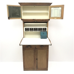 1920s Quicksey kitchen cabinet, two cupboards above fall front enclosing fitted interior, two drawers and two cupboards, W78cm, H181cm, D44cm