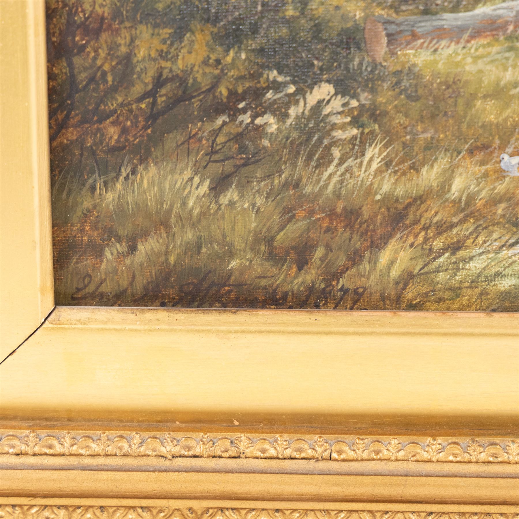 Continental School (20th Century): Harbour Scene, oil on canvas board indistinctly signed 58cm x 78cm; E Atkins (19th Century): Pastoral Scene, oil on canvas indistinctly signed and dated 1879, in gilt frame, 30cm x 60cm (2)