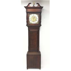  George lll mahogany crossbanded oak longcase clock, square brass dial signed Laurie Carlisle, case with swan neck pediment fluted corners and bracket feet, 30 hour movement striking the hours, H219cm  
