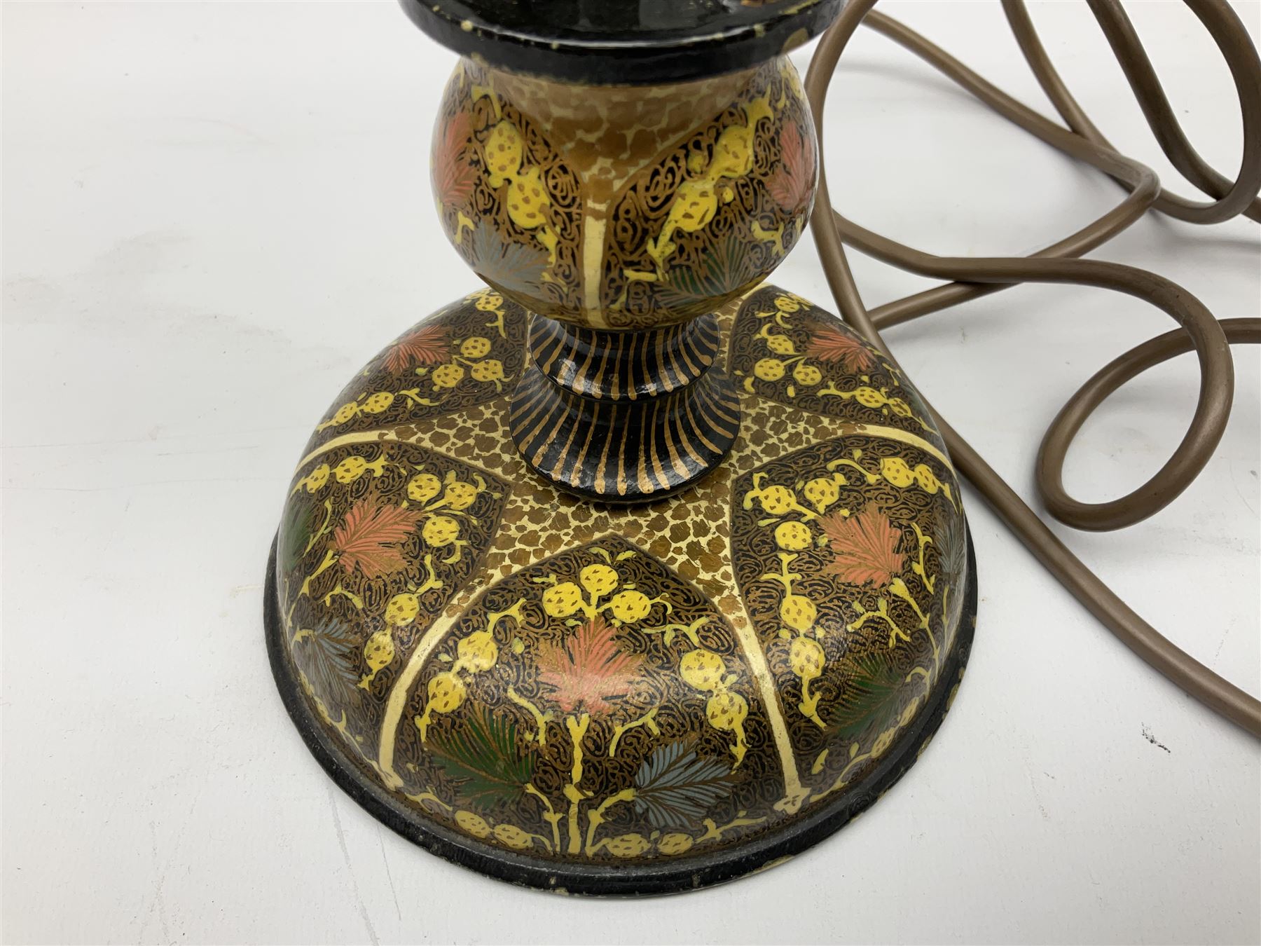  Kashmiri papier mache table lamp, open spiral twist column decorated with flowers, on a turned base,  H43cm