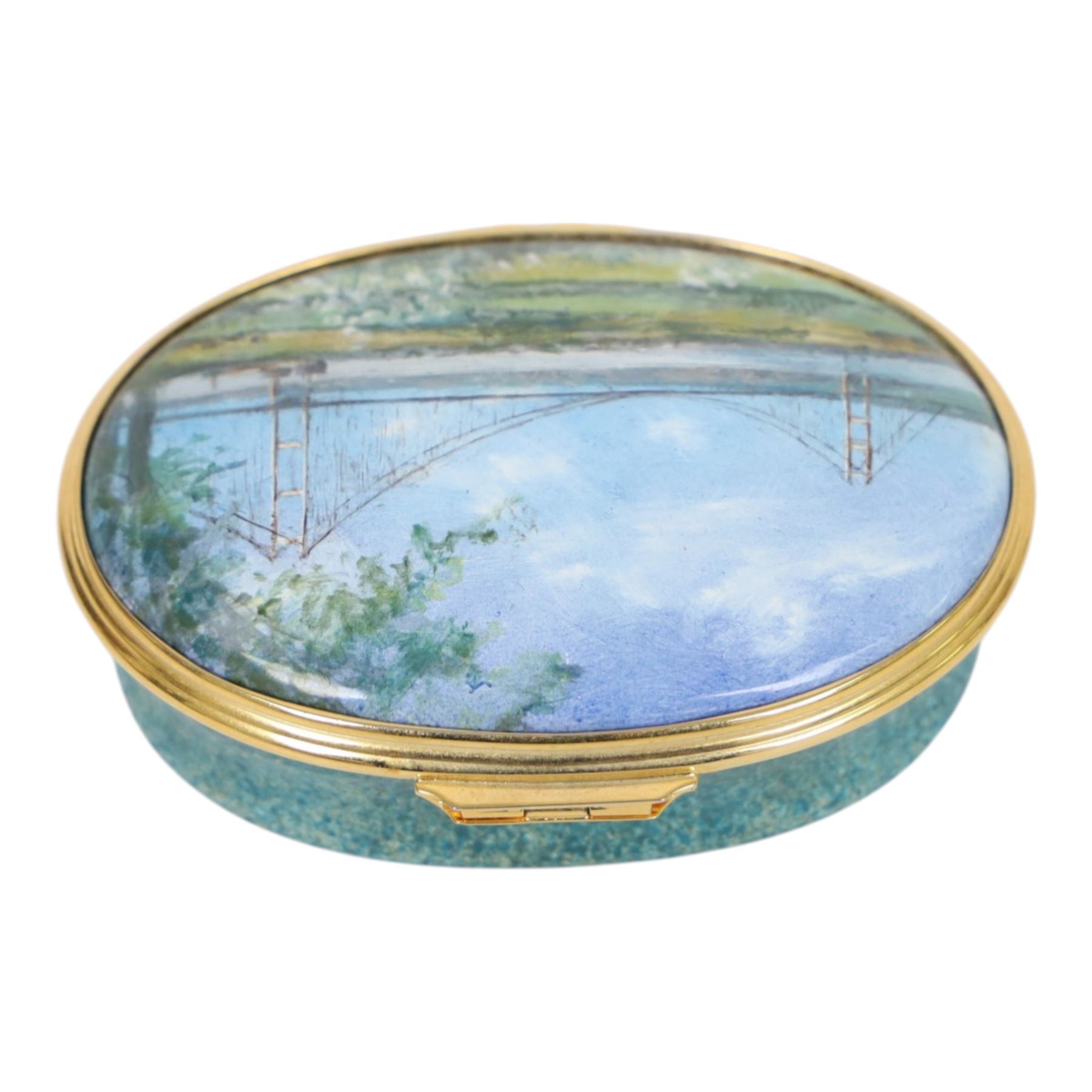 Halcyon Days bespoke commissioned enamel pill box, painted with the Humber Bridge, H3cm