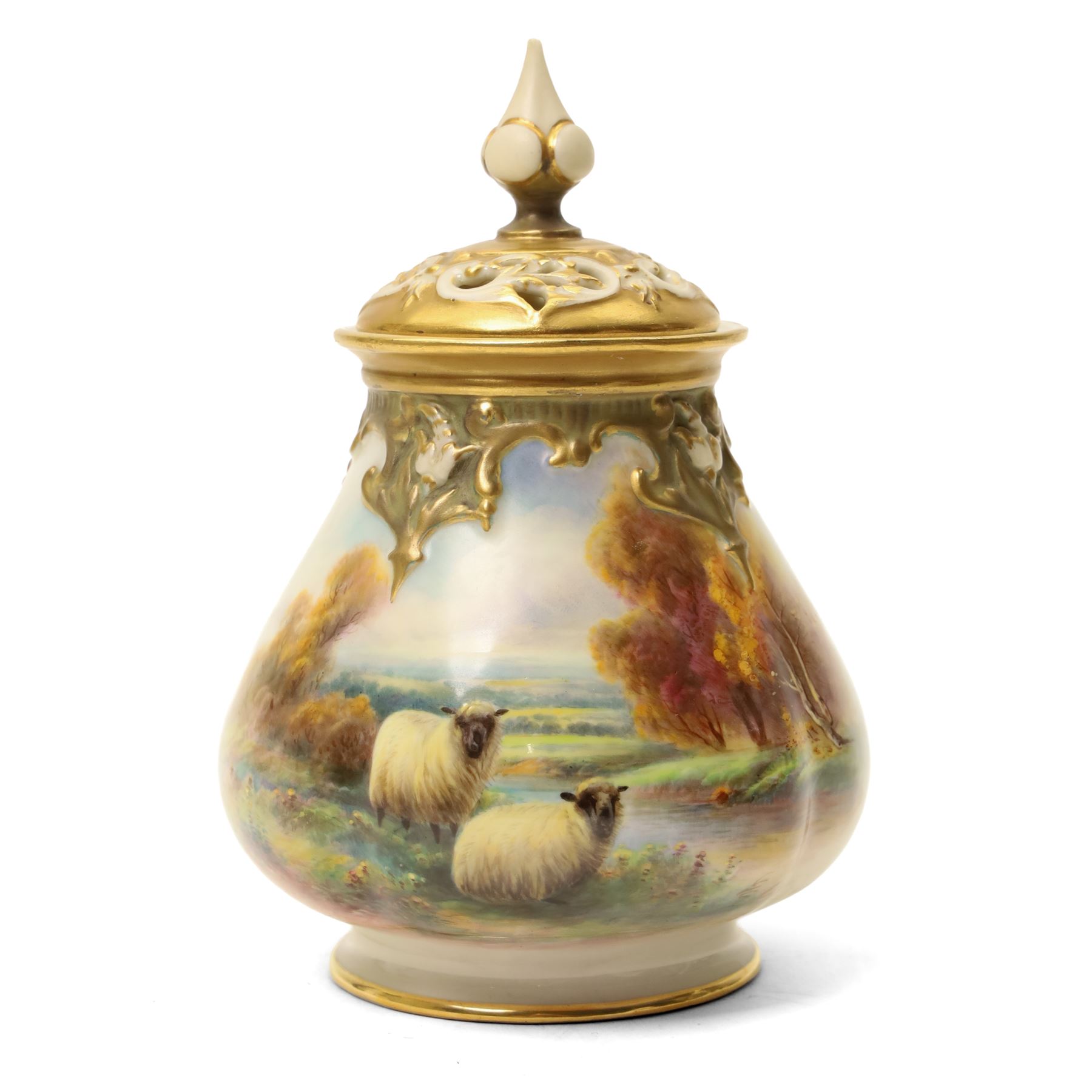 Royal Worcester Pot Pourri with pierced cover, the quatre lobed body painted with two sheep in a moorland setting by Harry Davis, date code for 1923 H17cm