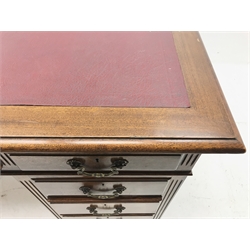 20th century  mahogany twin pedestal office desk, fitted with nine drawers, inset leather writing surface, W137cm, D76cm, H79cm