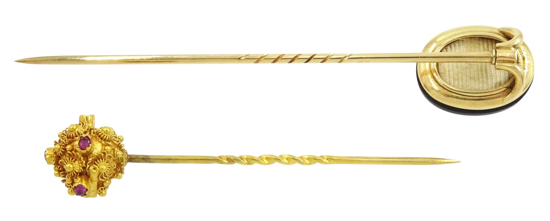19th century 14ct gold black glass stick pin,with applied gold old cut diamond cross, glazed back with detachable pin and one other gold ruby stick pin with cannetille decoration